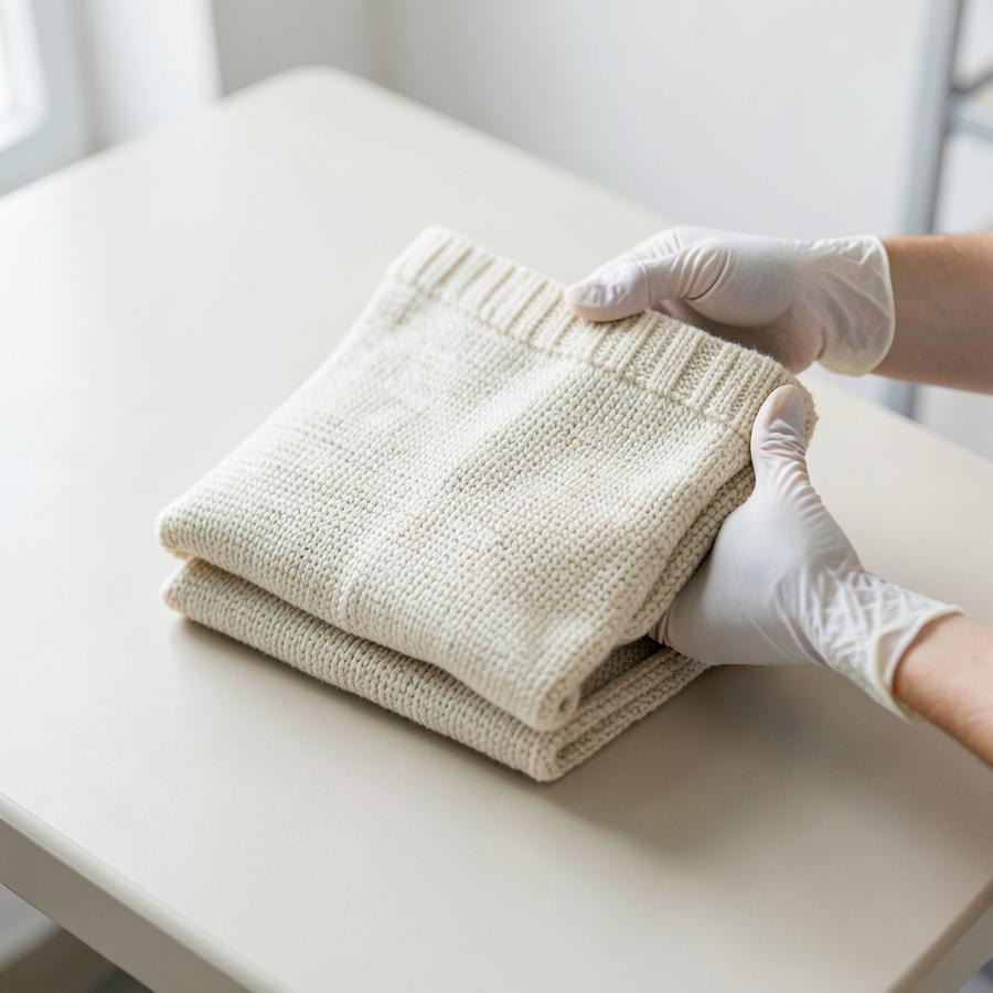 Reverse side of a garment held during inspection