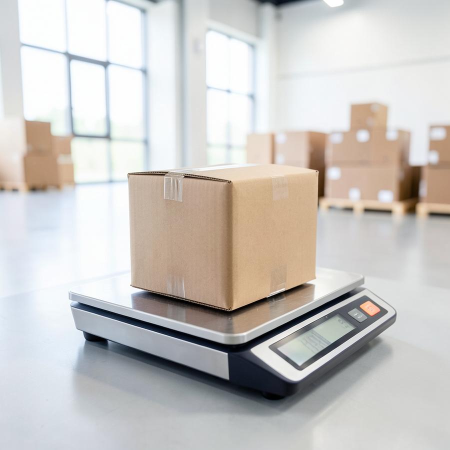 Parcel being weighed on a warehouse scale