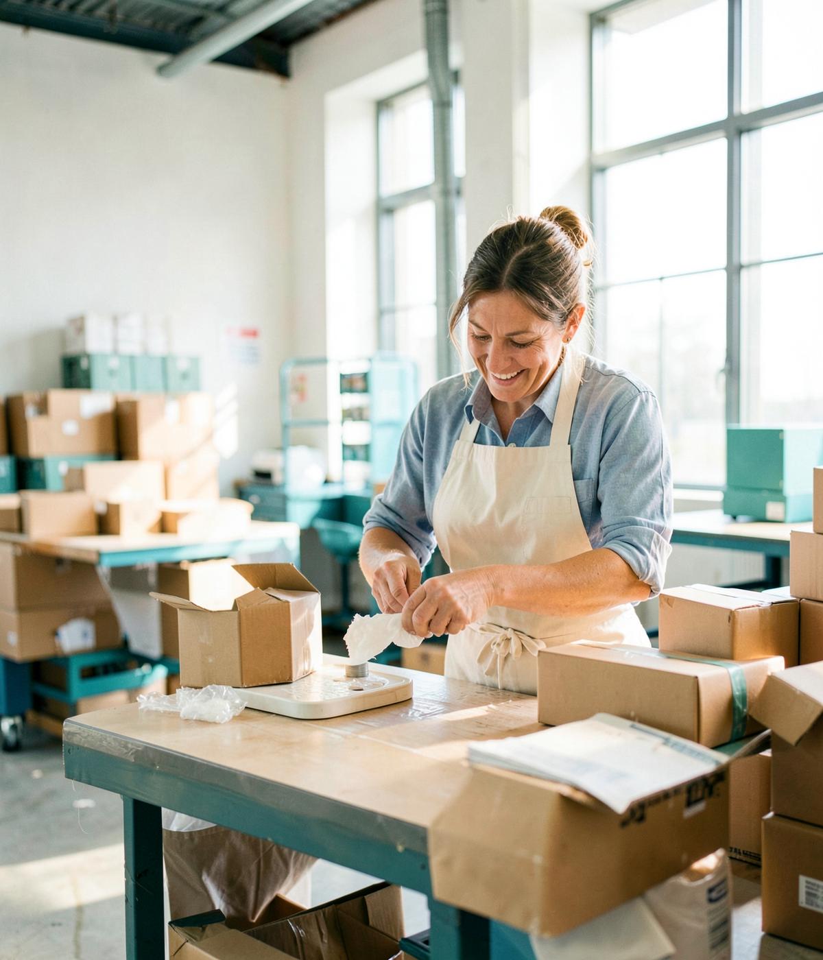 A Tinabuy warehouse team member packing an order at a bright fulfilment bench